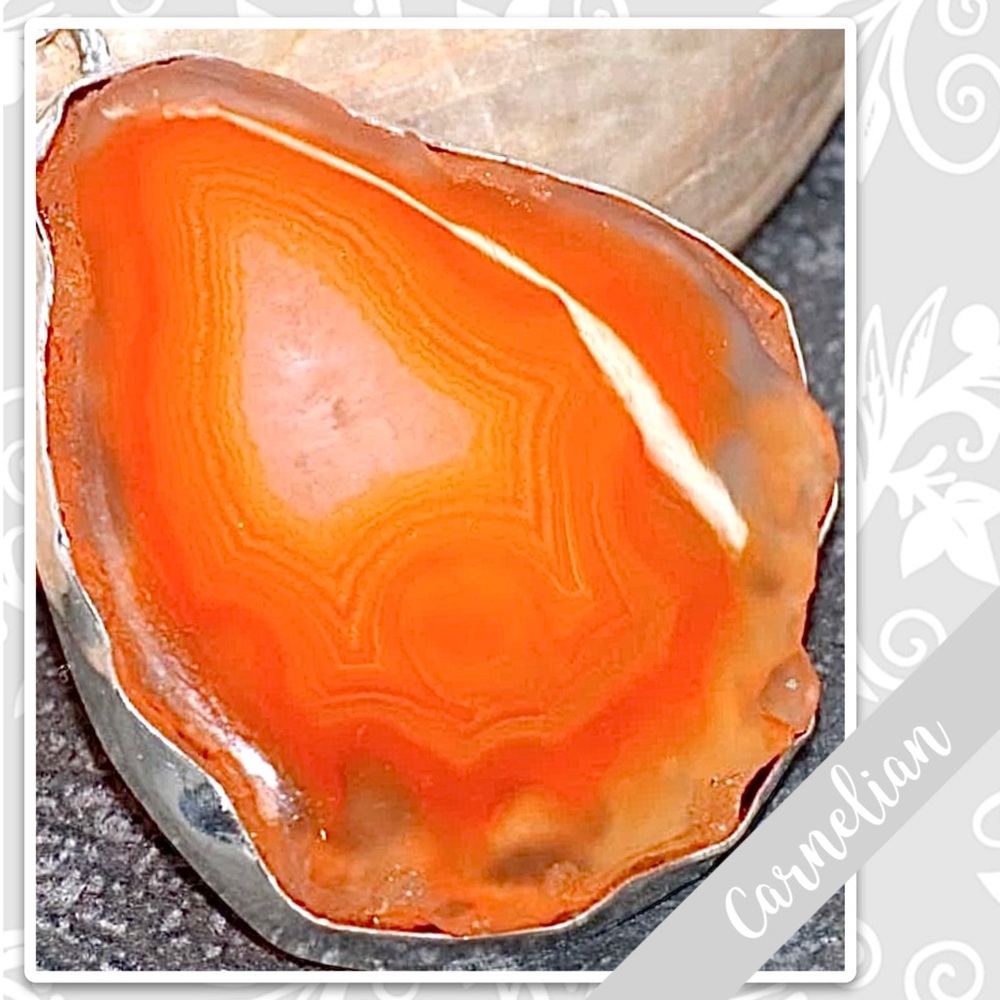 Carnelian Druzy Eclectic Silver Artisan Pendant, 2” (Orange, Red-Orange, White) - Picture 2 of 2